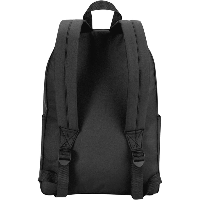 Byron 14" GRS Recycled City Laptop Backpack 16L - A black laptop backpack with adjustable straps and side pockets, featuring a logo on the front.