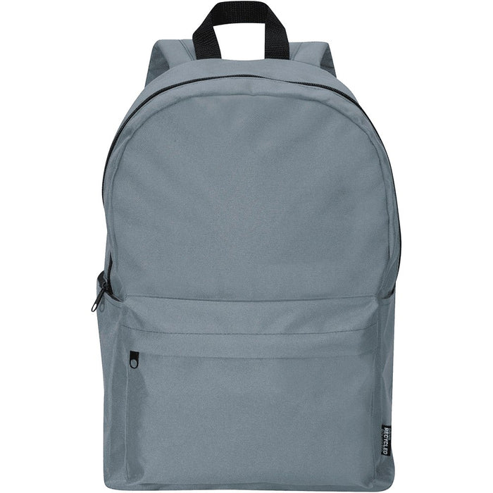 Byron 14" GRS Recycled City Laptop Backpack 16L - A grey laptop backpack with a front zip pocket and shoulder straps. It features branding on the front.