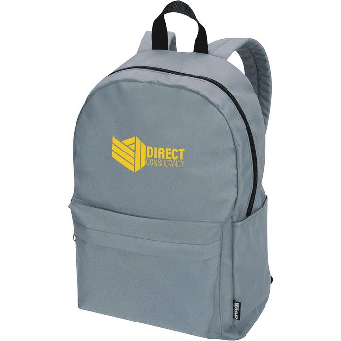 Byron 14" GRS Recycled City Laptop Backpack 16L - A grey laptop backpack featuring a front pocket and a logo. It has two shoulder straps for carrying.