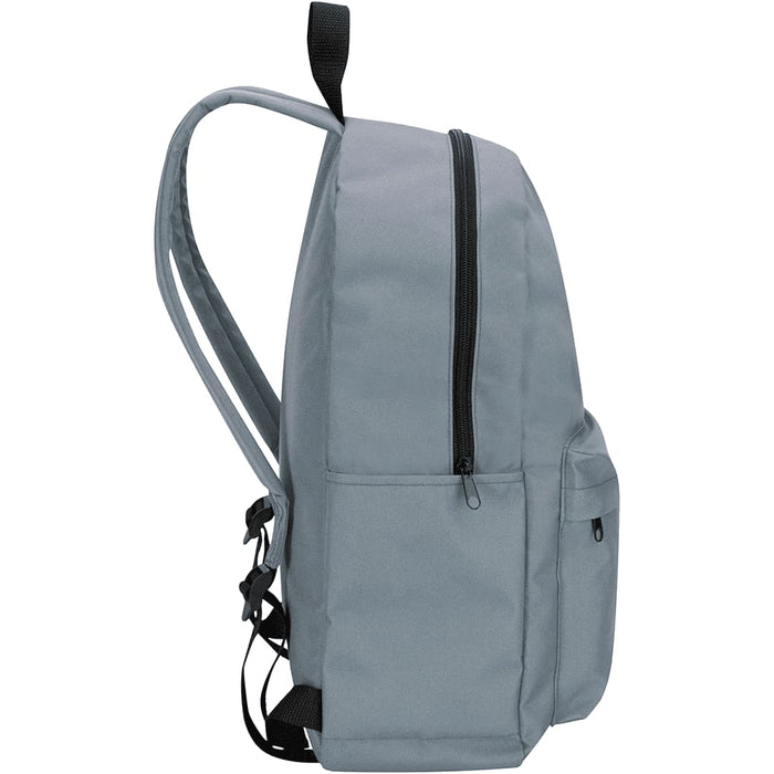 Byron 14" GRS Recycled City Laptop Backpack 16L - A grey laptop backpack featuring adjustable straps and side pockets. It has a main zippered compartment and a logo.
