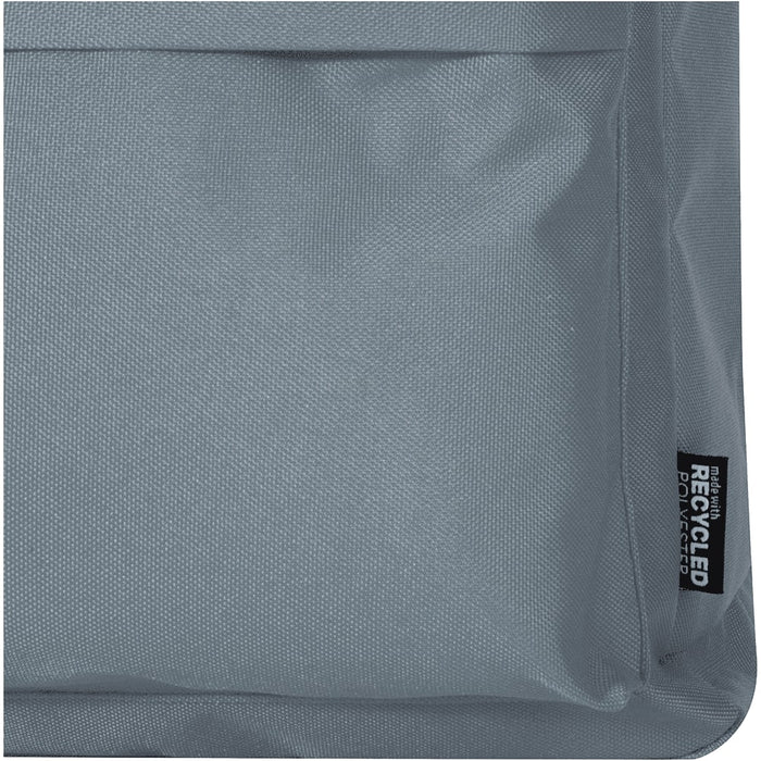 Byron 14" GRS Recycled City Laptop Backpack 16L - A grey fabric section of a laptop backpack featuring a logo and a textured surface.