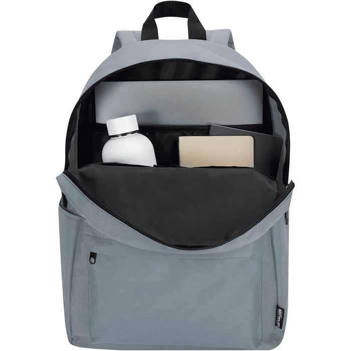 Byron 14" GRS Recycled City Laptop Backpack 16L - A grey laptop backpack with an open main compartment displaying a drink bottle, notebook, and space for a laptop.
