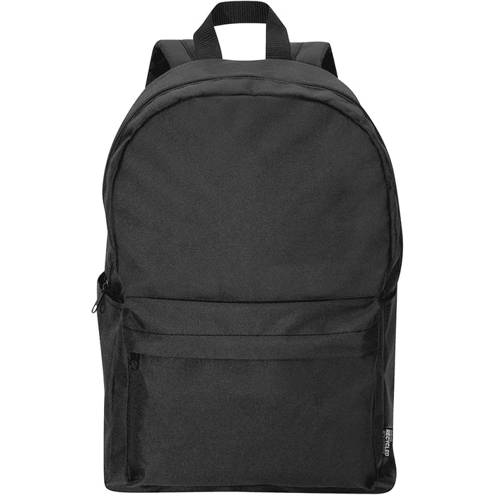 Byron 14" GRS Recycled City Laptop Backpack 16L - A black backpack with a rounded top, a front pocket, and adjustable straps, featuring a logo on the side.