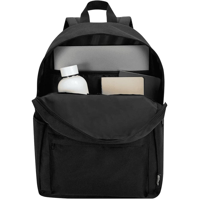 Byron 14" GRS Recycled City Laptop Backpack 16L - A black laptop backpack with a front pocket, housing a drink bottle, notebook, and laptop nestled inside.