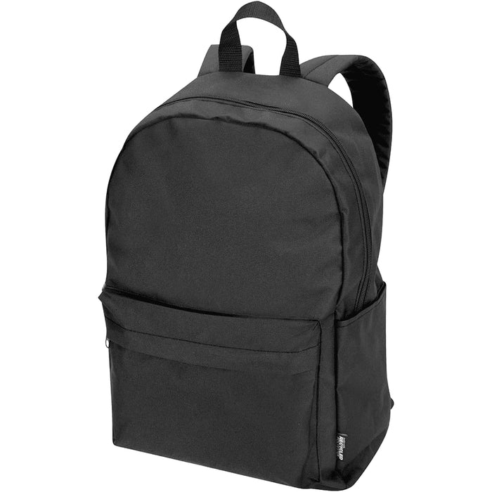 Byron 14" GRS Recycled City Laptop Backpack 16L - A black backpack with a rounded top, featuring a front pocket and dual shoulder straps. Includes a logo.