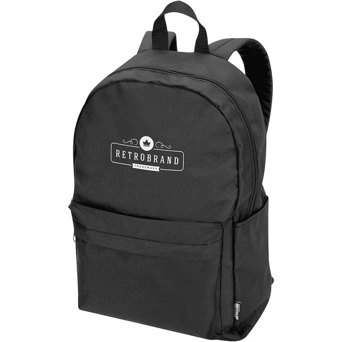 Byron 14" GRS Recycled City Laptop Backpack 16L - A black laptop backpack with a front pocket and branding logo displayed on the front.
