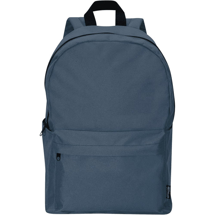 Byron 14" GRS Recycled City Laptop Backpack 16L - A dark blue laptop backpack with a simple design and front zip pocket, featuring shoulder straps and a top handle.