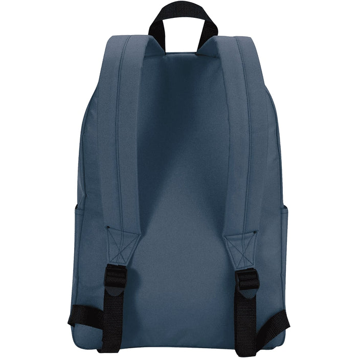 Byron 14" GRS Recycled City Laptop Backpack 16L - A backpack featuring a deep blue colour with adjustable straps and side pockets, displaying a logo on the back.