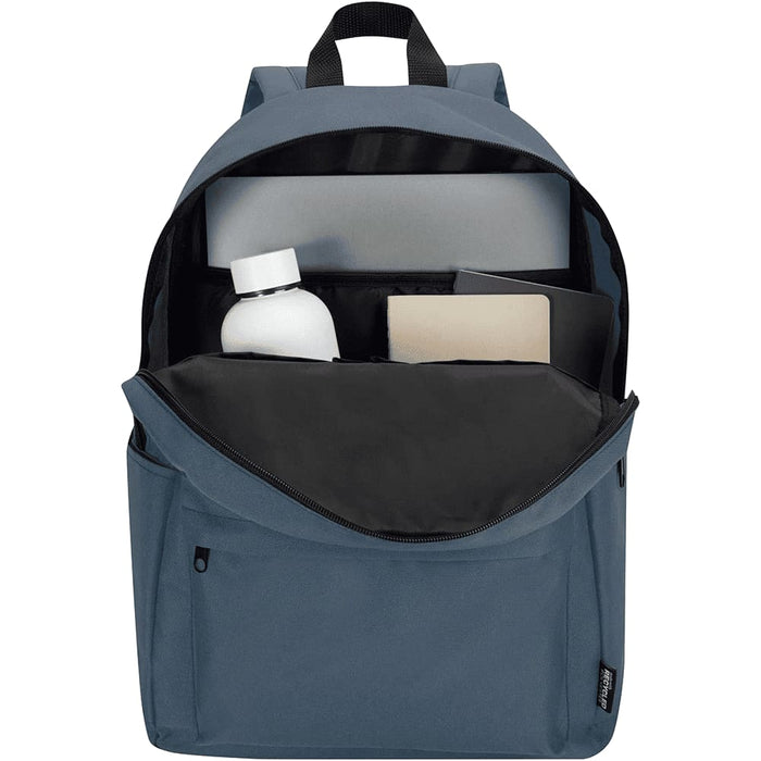 Byron 14" GRS Recycled City Laptop Backpack 16L - A blue laptop backpack with a large main compartment, featuring a drink bottle, notebook, and tablet.