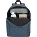 Byron 14" GRS Recycled City Laptop Backpack 16L - A blue laptop backpack with a large main compartment, featuring a drink bottle, notebook, and tablet.
