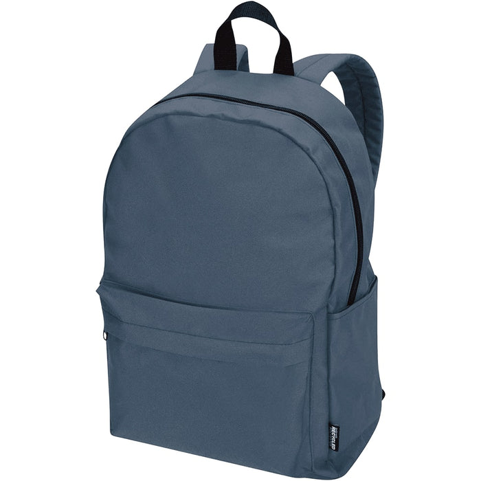 Byron 14" GRS Recycled City Laptop Backpack 16L - A grey laptop backpack with black straps and a front pocket, featuring a logo on the side.