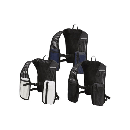 Varyon GRS Recycled Running Vest Hydration Pack 5L - A hydration pack featuring a mesh design, available in black, navy, and white colours, with multiple pockets and straps.