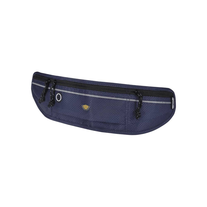Varyon GRS Recycled Running Waist Pack - A navy running waist pack with two zippered compartments and a small logo, featuring a reflective strip.
