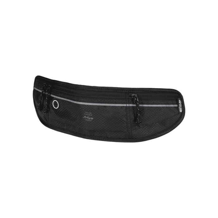 Varyon GRS Recycled Running Waist Pack - A black recycled running waist pack with mesh detailing and reflective striping, featuring adjustable ties and a logo.