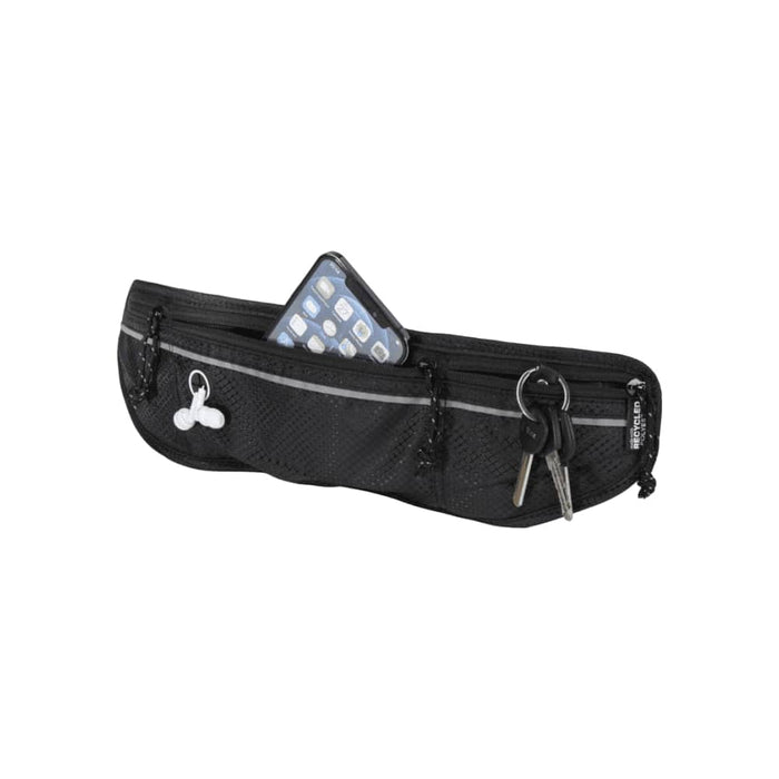 Varyon GRS Recycled Running Waist Pack - A black running waist pack featuring a phone pocket and key holder, with reflective detailing and an attached logo.