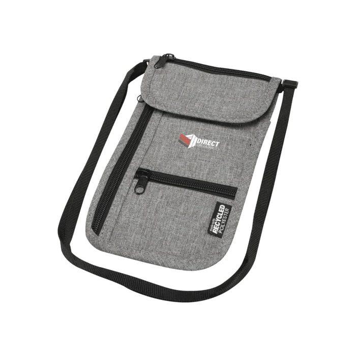 Ross GRS Recycled Smart Travel Pouch - A grey travel pouch with a zipper and flap closure, featuring a strap and a logo. Made from recycled polyester.