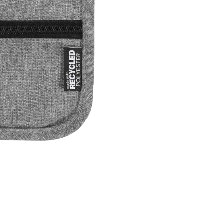 Ross GRS Recycled Smart Travel Pouch - A grey travel pouch with a zippered closure and a tag indicating it is made with recycled polyester.