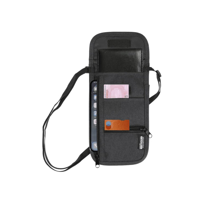 Ross GRS Recycled Smart Travel Pouch - A grey recycled travel pouch with compartments for a phone, cards, and cash, featuring a logo.