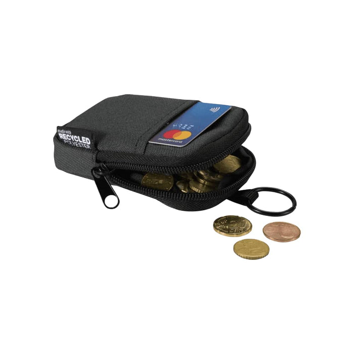 Byron Clip & Go GRS Recycled Small Pouch 0.2L - A small black pouch with a zipper, containing coins and a card, featuring a keyring attachment.