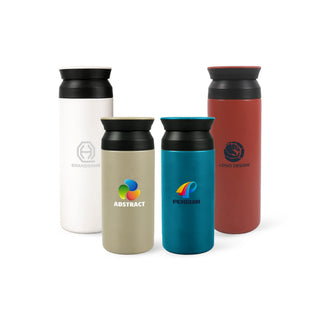 350ML/500ML Double Wall Stainless Steel Drink Bottle - A drink bottle collection featuring four double wall stainless steel bottles in white, beige, turquoise, and red, each with a logo.