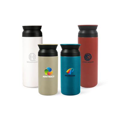 350ML/500ML Double Wall Stainless Steel Drink Bottle - A drink bottle collection featuring four double wall stainless steel bottles in white, beige, turquoise, and red, each with a logo.
