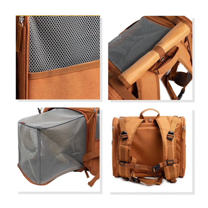 Pet Backpack Carrier with Expandable Design - A pet backpack carrier in a tan colour featuring an expandable mesh design with zippered compartments and adjustable straps.
