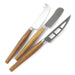 Keepsake Luca Cheese Knives - Three cheese knives with metallic blades and wooden handles, featuring various blade shapes and a branding logo.