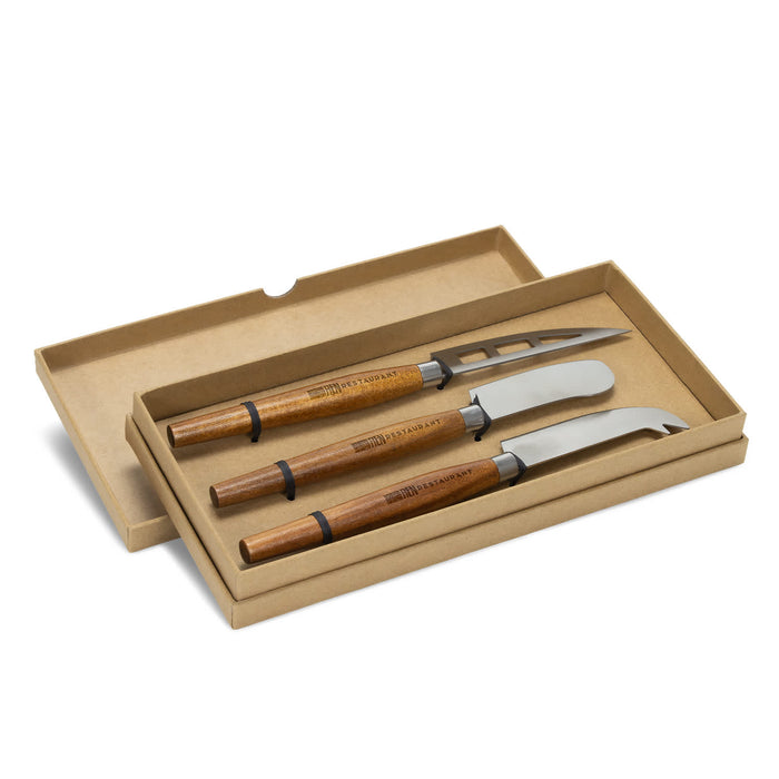 Keepsake Luca Cheese Knives - A set of three cheese knives with wooden handles and stainless steel blades in a cardboard box.