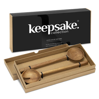 Keepsake Luca Salad Servers - Wooden salad servers presented in a stylish box, featuring a fork and spoon design. The packaging has a logo.