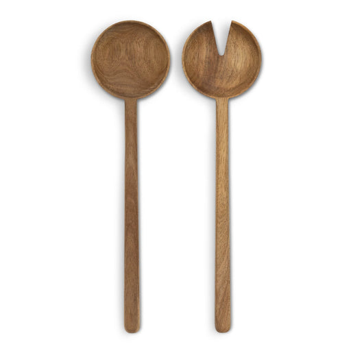 Keepsake Luca Salad Servers - A set of wooden salad servers featuring a round spoon and a forked serving piece, both with long handles.