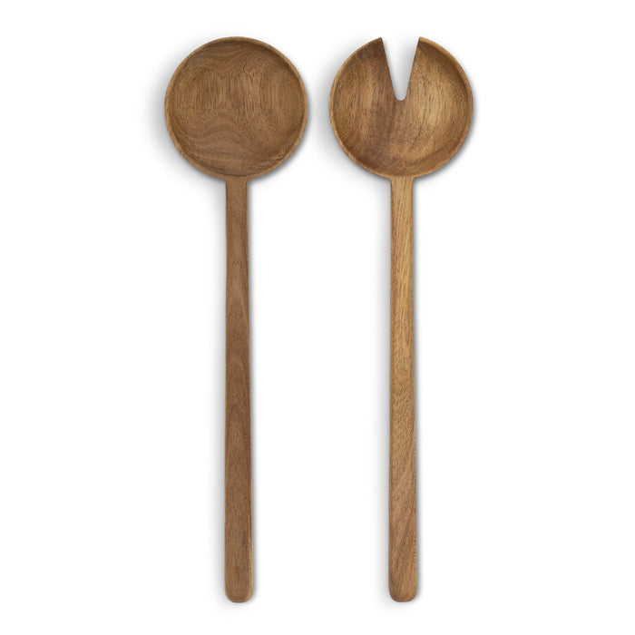 Keepsake Luca Salad Servers - A set of wooden salad servers featuring a round spoon and a forked serving piece, both with long handles.