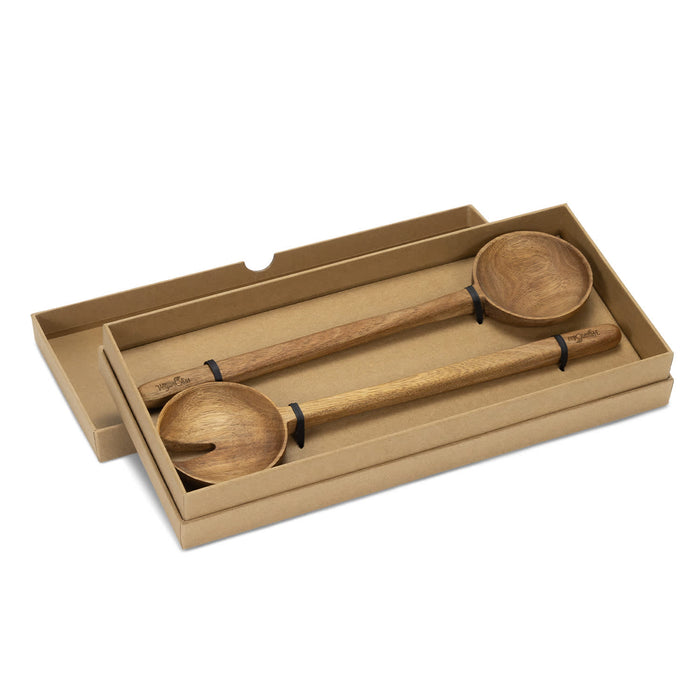 Keepsake Luca Salad Servers - A pair of wooden salad servers in a kraft box, featuring a fork and spoon design with black accents.