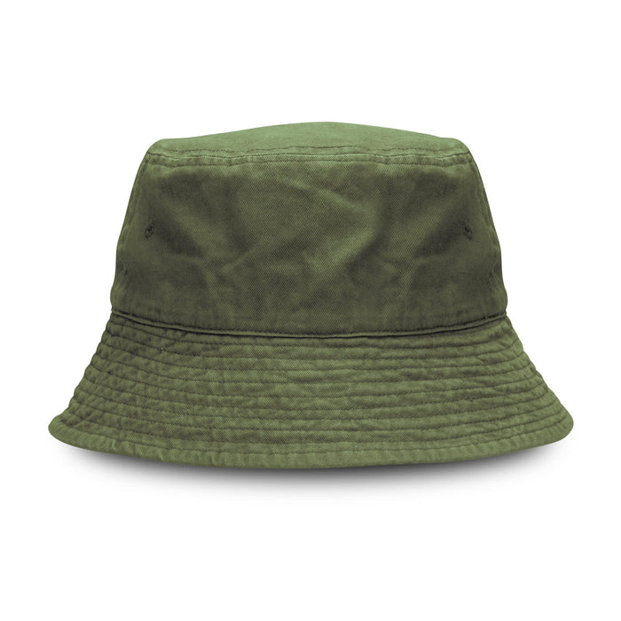 Bondi Washed Bucket Hat - A green Bondi Washed Bucket Hat with a textured fabric and a wide brim, featuring a logo on the side.