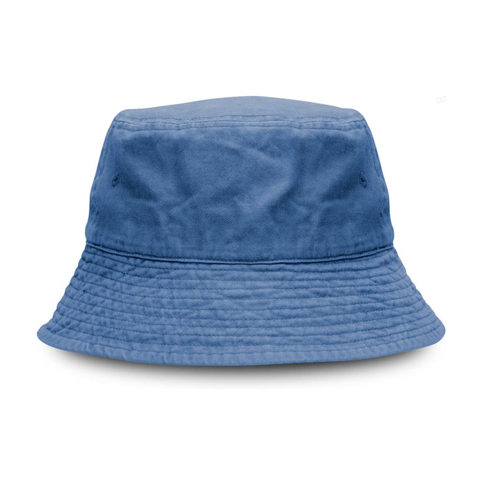 Bondi Washed Bucket Hat - A blue bucket hat with a textured finish and a wide brim. It features a logo on the side.