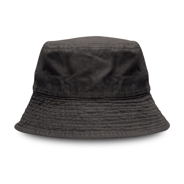 Bondi Washed Bucket Hat - A black washed bucket hat with a soft, textured fabric and a wide brim, featuring a logo.