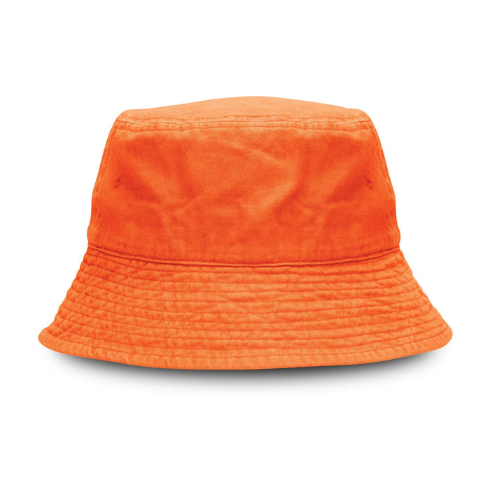 Bondi Washed Bucket Hat - An orange bucket hat with a textured surface and a wide brim, featuring a logo.