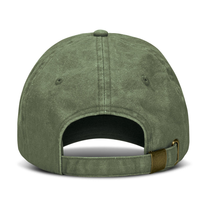 Vintage Washed Cap - A green vintage washed cap featuring a buckle closure and an open back design. It has a simple branding logo.