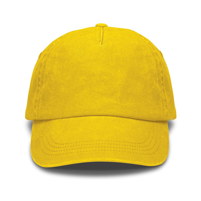 Vintage Washed Cap - A yellow vintage washed cap with a rounded crown and a curved brim. It features a logo on the front.