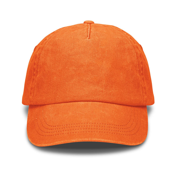 Vintage Washed Cap - An orange vintage washed cap featuring a rounded crown and a curved brim. Includes a logo on the front.