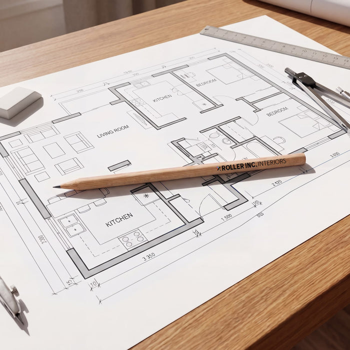 Staedtler Graphite Pencil 175mm Round Barrel - A round barrel graphite pencil in natural wood colour resting on a blueprint of a house layout on a wooden table.