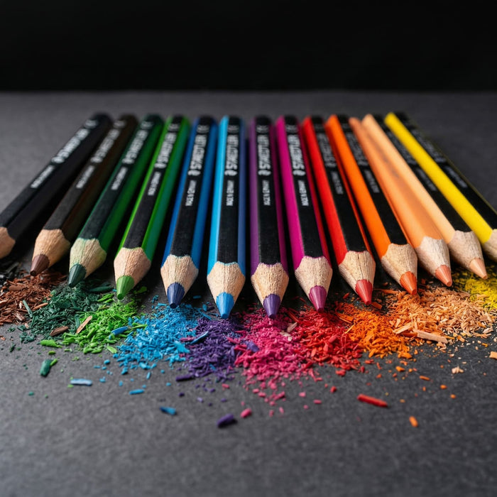 Staedtler Colouring Pencil Set of 12 - A set of 12 colouring pencils in various vibrant colours, arranged beside shavings of different hues.