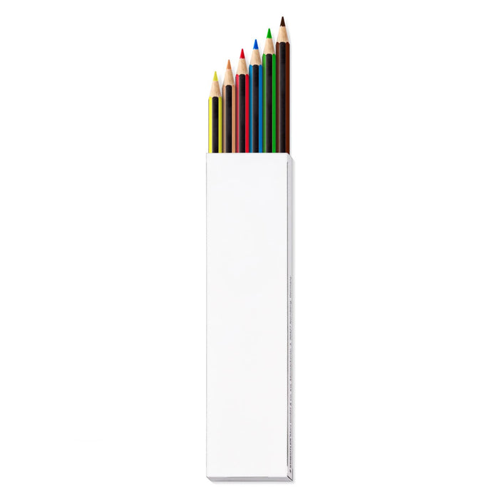 Staedtler Colouring Pencil Set of 6 - A colouring pencil set of six, featuring yellow, red, blue, green, black, and brown pencils, in a white box with a logo.