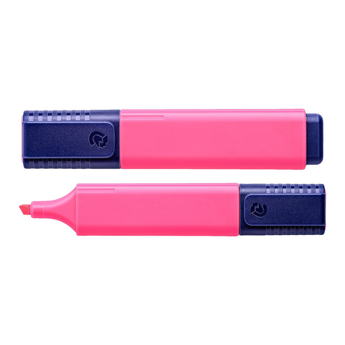 Staedtler Textsurfer Classic Highlighter - A pink highlighter with a dark blue cap, featuring a logo on the side. The cap is removed to reveal the chisel tip.