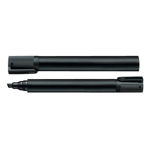 Staedtler Lumocolor Permanent Marker - Chisel Tip - A black Staedtler Lumocolor permanent marker with a chisel tip, featuring a cap and a body design.