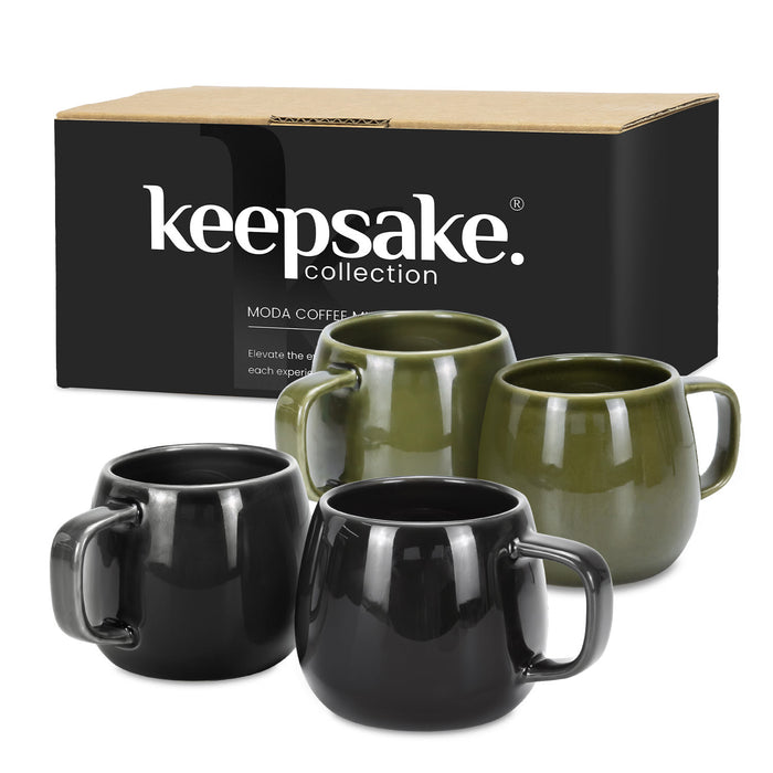 Keepsake Moda Coffee Mug – Set of 2 - A set of two coffee mugs in black and olive green, packaged in a box with a logo.