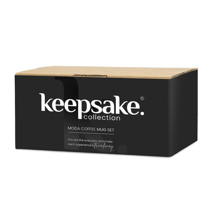 Keepsake Moda Coffee Mug – Set of 2 - A coffee mug set packaging featuring a black box with a logo, designed for Keepsake Moda.