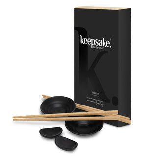Keepsake Sushi Set - A sushi set featuring black bowls, wooden chopsticks, and a branded packaging box.