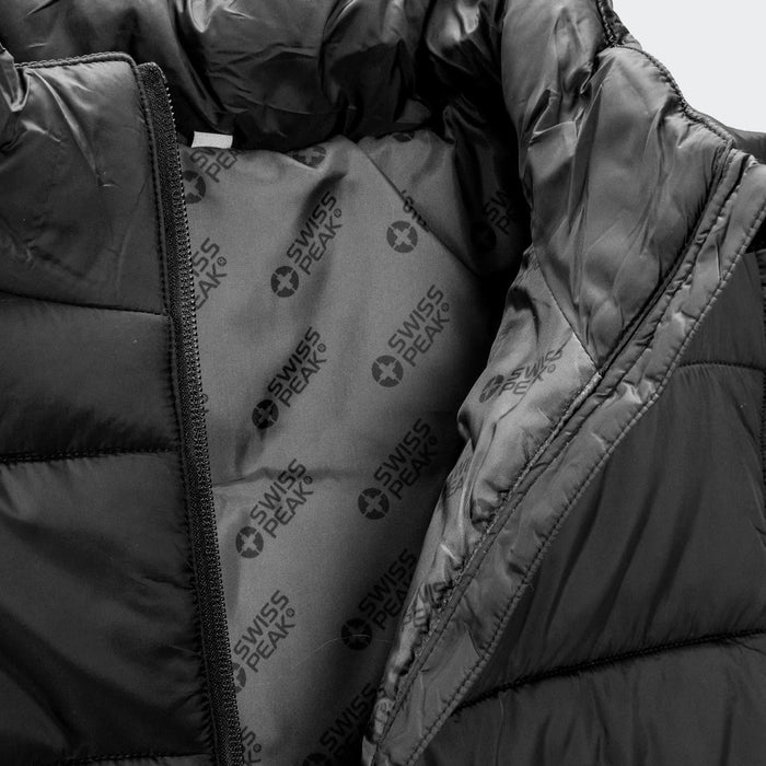 Swiss Peak Urban Unisex Puffer Vest - A black unisex puffer vest with a smooth lining featuring a logo. The inner material is visibly quilted.