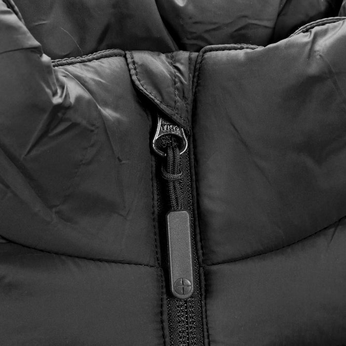 Swiss Peak Urban Unisex Puffer Vest - A black puffer vest featuring a high collar and zippered closure, showcasing its quilted design. It has a logo.
