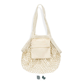 Cotton Mesh Foldaway Tote Bag - Small - A small, cream cotton mesh tote bag with a solid pocket and straps for carrying.